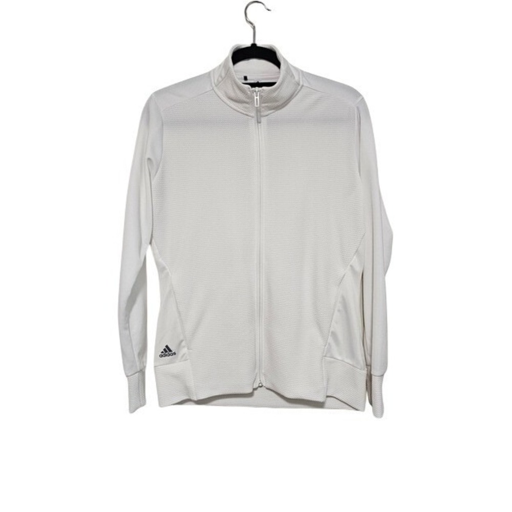 Adidas Track Jacket Womens Medium White Textured Full Zip Mock Neck Athleisure ~